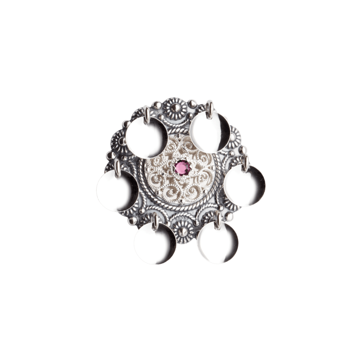 Silver with purple crystal, oxidized