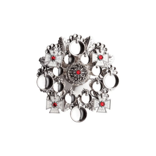 Face brooch with rough crystal, oxidized