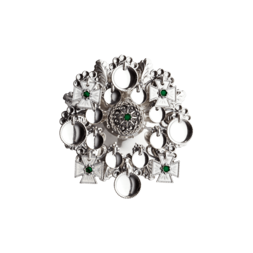 Face brooch with green crystal, oxidized