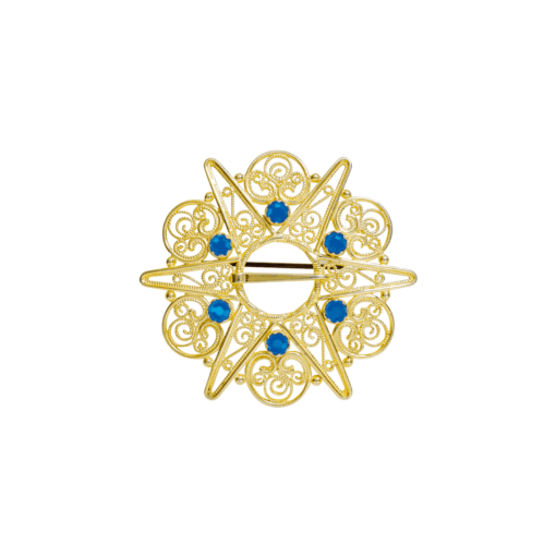 Brooch Fana with blue crystals, gold plated