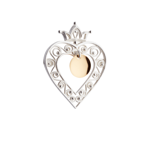 Brooch, heart with crown, white/gold plated