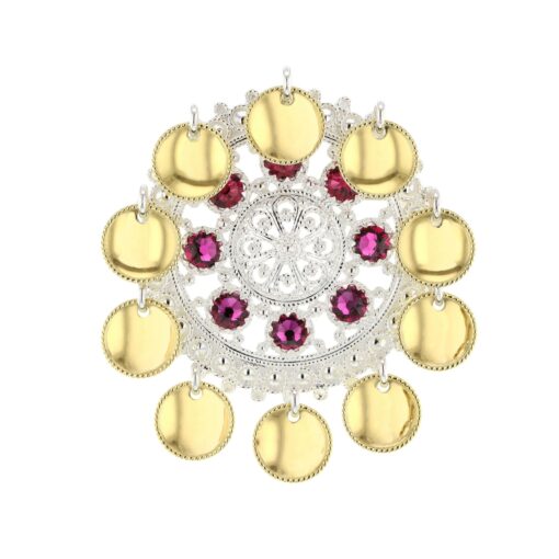 Brooch with foliage and crystal, gilded and gold plated