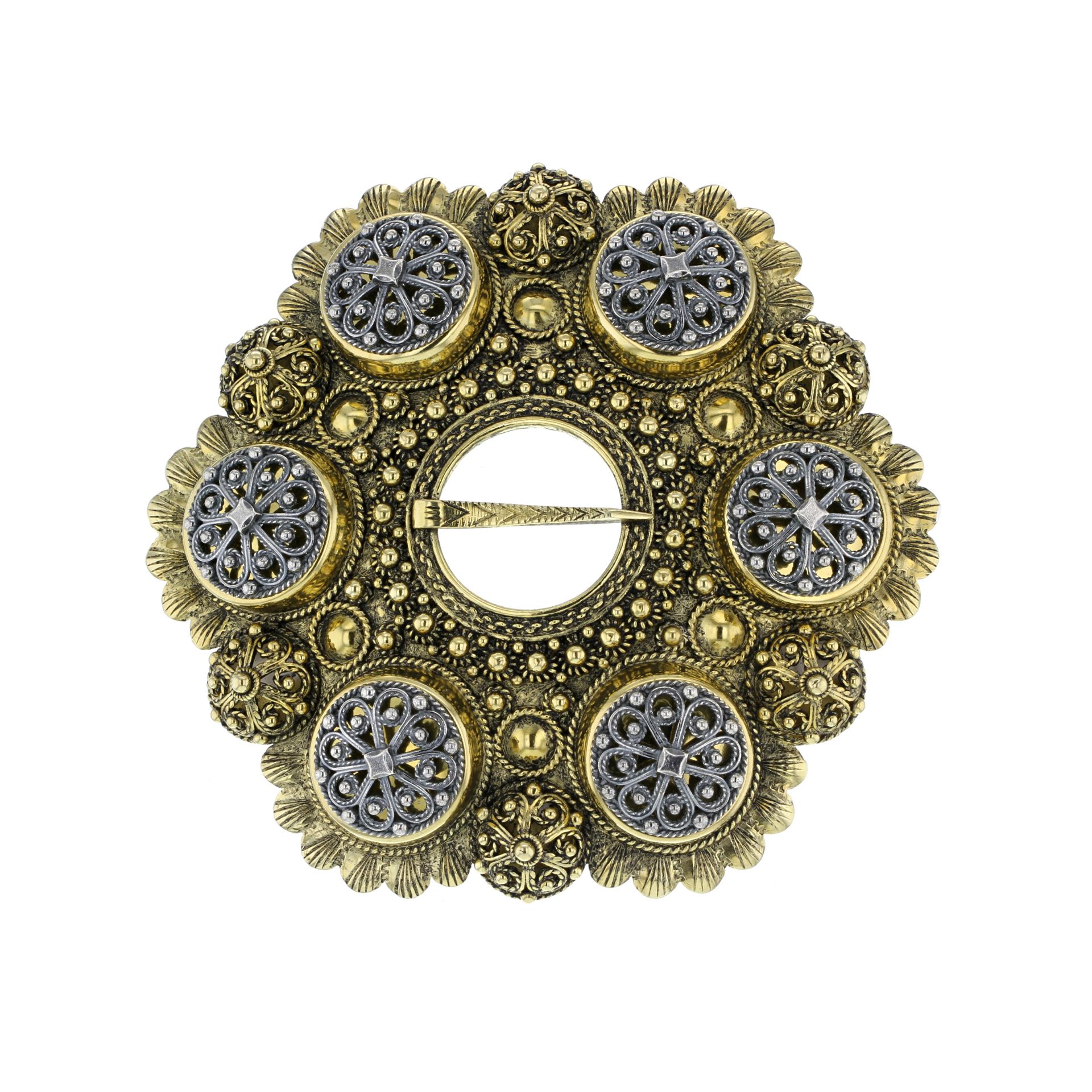 Large ball brooch with engraved edge, old gold plated, oxidized