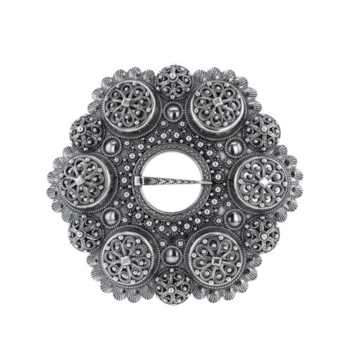 Large bowl brooch with engraved edge, oxidized
