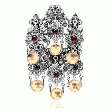 Bøherad ring No. 5, oxidized with red crystals and gilded bowls