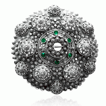 Bol Brooch No. 15, oxidized with green crystals