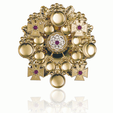 Face brooch No. 2 gilded with red crystals