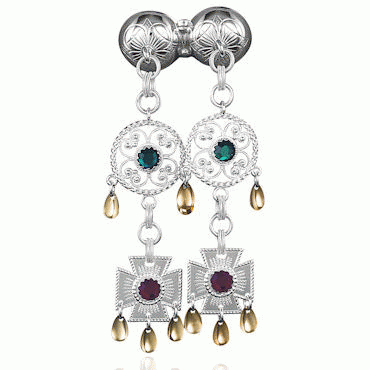 Neck pin No. 13, gilded and gold plated with red and green crystal