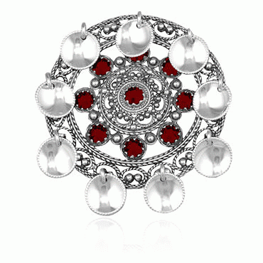 Dish Brooch No. 52, oxidized with red crystals