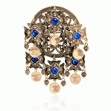 Dish Brooch No. 75 old gold plated with blue crystals