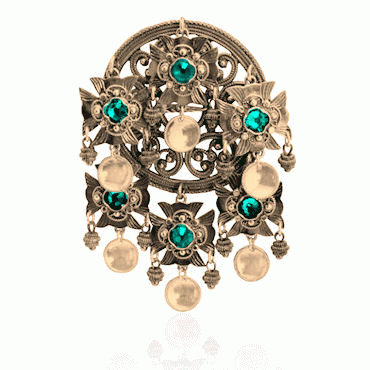 Dish Brooch No. 75 old gold plated with green crystals
