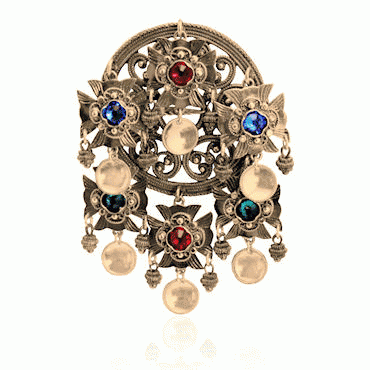 Dish Brooch No. 75 old gold plated red, blue and green crystals