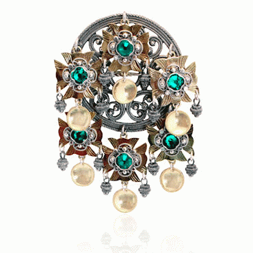 Dish Brooch No. 75, oxidized gold plated with green crystals