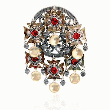 Dish Brooch No. 75, oxidized gold plated with red crystals