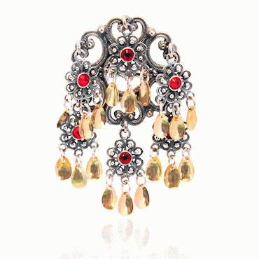 Dish Brooch No. 77, oxidized with red crystals